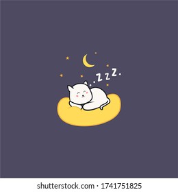 a fat white cartoon cat sleeping soundly on a comfortable mattress