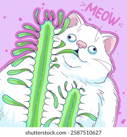 The fat white cat is eating a houseplant. Cozy and funny vector illustration.