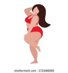 A fat white woman in red underwear or a bathing suit with flowing hair is dancing. The concept of body positivity and love for your body. Vector stock flat illustration isolated on a white background.