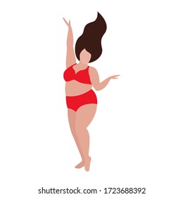 A fat white woman in red underwear or a bathing suit with flowing hair is dancing. The concept of body positivity and love for your body. Vector stock flat illustration isolated on a white background.