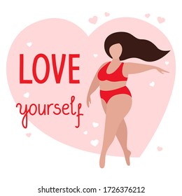 Fat white woman in red underwear or bathing suit with her hair down is dancing. The text "Love yourself". The concept of body positivity and love for your body. Vector stock flat illustration on white