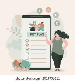 Fat woman adheres to diet plan. Bowl of salad with tape measure. Meal plan and workout schedule in mobile app. Concept of weight loss, nutrition and dietetics. Healthy lifestyle. Vector illustration