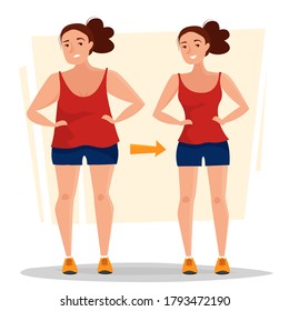 La mujer gorda se pone delgada en el gimnasio. Niña antes y después del entrenamiento. Ilustración vectorial con estilo de dibujos animados planos.