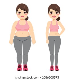 Fat woman before and slim after doing fitness sport exercise