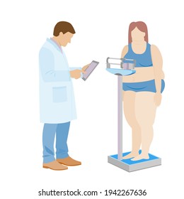 
fat woman being examined by a doctor. male doctor. weighing the patient. medical mechanical scales. stock vector illustration isolated on white background.