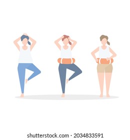 Fat woman and belly bloated like a rubber ring,her worry about her body shape and feel overweight,Healthcare concept,Vector illustration.