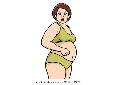 Fat woman, Fat belly, Chubby, Obese woman, Woman with fat belly, Belly of women, A woman's body with belly fat, Plus size woman, Clip art, Vector cartoon illustration, Weight loss concept,
