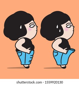 Fat Woman With Belly Fat Is In Trouble Getting Dressed Wearing Too Tight Or Too Loose Pants Concept Card Character illustration