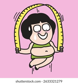 Fat Woman With Big Tummy Belly Waist Jumping Herself With Meter Tape Ruler To Loose Weight Concept Cartoon Character illustration