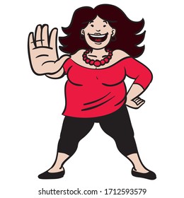 fat woman with black hair and red top. stands there confidently and lifts his hand up to forne. stop, laugh, distance, curvy, comic, positive.