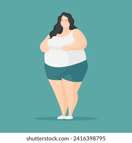 Fat woman. Body positive, standing plus size female. Isolated Funny Cartoon Character. Vector illustration.