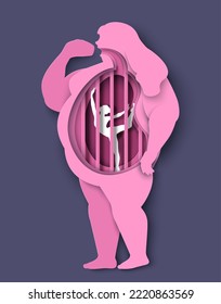 Fat woman body with slim dancer figure inside stomach vector illustration. Paper cut female person eating unhealthy food instead of slimming and dieting