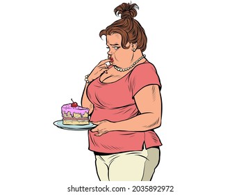 Fat woman with cake. Diet and human health. Criticism for being overweight and body positive