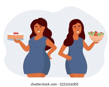 A fat woman with a cake, thin with a vegetable salad. The concept of weight loss, proper nutrition, diet. Vector graphics.