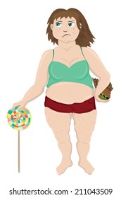 Fat woman with candy, vector illustration