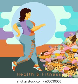 Fat woman can't to lose weight with Jogging running from sweets and junk food. Fitness, healthy life style. Female athlete on the competition. Useful to design sports banners, backgrounds and posters