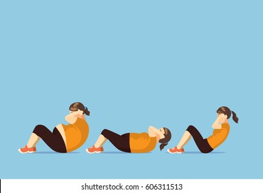 Fat woman change body to slim with doing sit up. Illustration about lose weight.