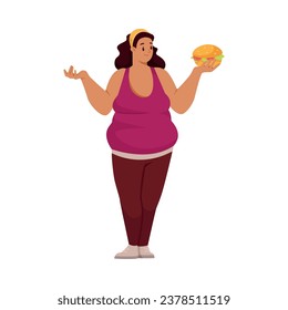 Fat Woman Character with Full Body and Obesity with Hamburger Vector Illustration