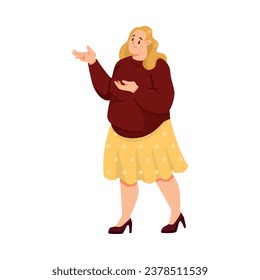 Fat Woman Character with Full Body and Obesity Standing and Smiling Vector Illustration