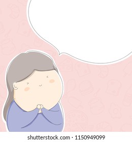 Fat woman character happy with food, Lifestyle concept design illustration isolated on food pattern pink pastel color background with speech bubble copy space, vector eps 10