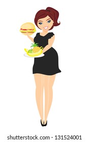 fat woman choosing between fruit and hamburger. Isolated.