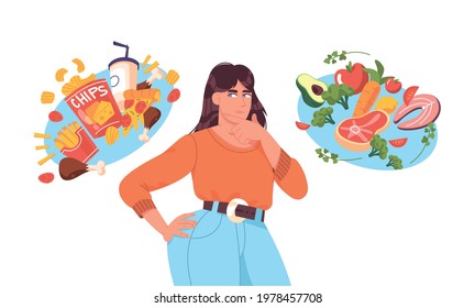 Fat woman choosing between good healthy and bad unhealthy food. Junk food vs balanced menu nutrition comparison concept. Female flat character thinking about diet, extra calories or weight loss.