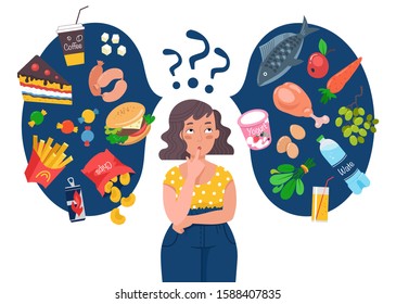 Fat Woman choosing between healthy and unhealthy food. Fast Food vs balanced menu comparison. Concepts diet and healthy eating. Female cartoon character. Flat vector illustration.