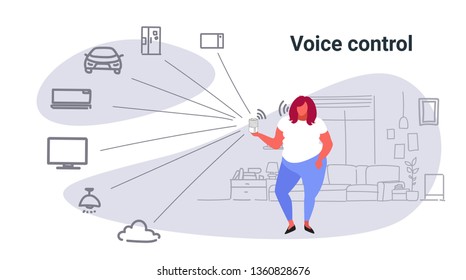 fat woman controlling home network talking to smart speaker personal virtual assistant voice control command recognition concept artificial intelligence technology sketch horizontal