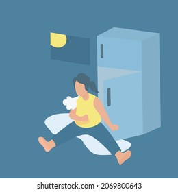 Fat woman diet and hungry late at night,Sit beside the empty refrigerator,Eating Problem,the wrong way to lose weight,Vector illustration.