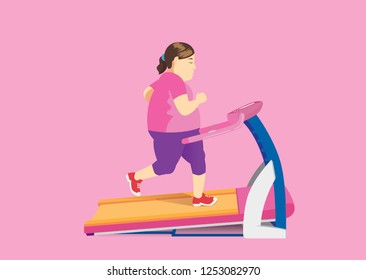 Fat woman diet with running on Electric Treadmill. Illustration about exercise.
