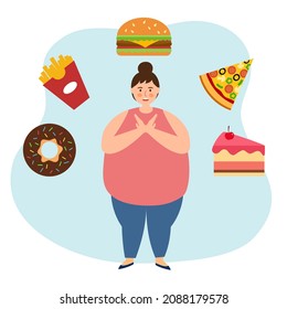 Fat woman dieting refuse junk food and sweet dessert in flat design. Stop eating unhealthy or fast food for good shape and health.