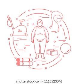 Fat woman and different sports equipment. Healthy lifestyle. Exercise bike, skipping rope, fitball, yoga bricks and mat.