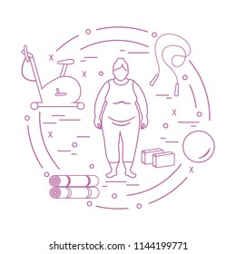 Fat woman and different sports equipment. Healthy lifestyle. Exercise bike, skipping rope, fitball, yoga bricks and mat.