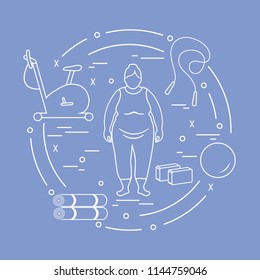Fat woman and different sports equipment. Healthy lifestyle. Exercise bike, skipping rope, fitball, yoga bricks and mat.