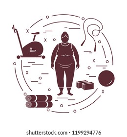 Fat woman and different sports equipment. Healthy lifestyle. Exercise bike, skipping rope, fitball, yoga bricks and mat.