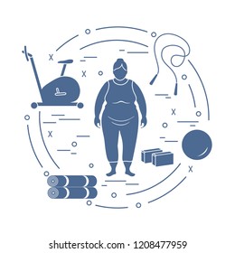 Fat woman and different sports equipment. Healthy lifestyle. Exercise bike, skipping rope, fitball, yoga bricks and mat.