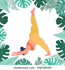 Fat woman does yoga. Self love. Fitness and excess weight. Fatty girl sitting in yoga pose. Yoga asanas for weight loss and health. stock vector illustration on a white background with monstera leaf.