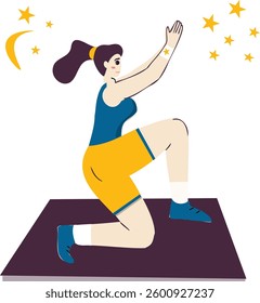 A fat woman is doing exercise by kneeling to stretch.