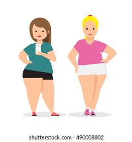 Fat woman doing selfie. Illustration Overweight Problems fat people. Vector illustration.