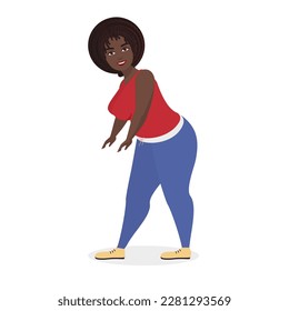 Fat woman doing sport exercise. Weight loss training program vector cartoon illustration