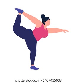 Fat woman doing yoga exercise. Obesity female workout in fitness.