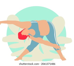 Fat woman doing yoga exercises. Morning exercises, . Blue background with leaves. Healthy lifestyle.