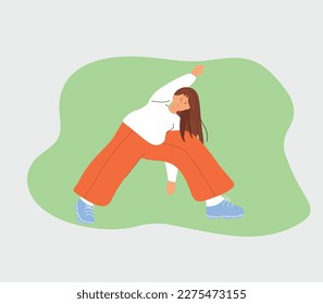 Fat woman doing yoga outdoors, Healthy lifestyle, training and sports. Exercises for stress relief and relaxation. Plus size woman in a yoga pose in the garden.