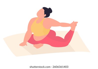 fat woman doing yoga pose stretch