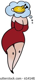 The fat Woman dreaming of a chicken Funny vector illustration.