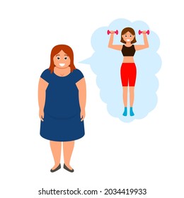 A fat woman dreams of becoming a slender girl and playing sports, dieting and leading a healthy lifestyle. vector illustration isolated on white background