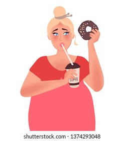 A fat woman drinks coffee and eats a chocolate donut. Junk food. Obesity vector graphics