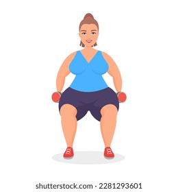 Fat woman with dumbbells. Obese girl doing fitness training vector cartoon illustration