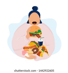 Fat woman eating burger and holding various fast food in her hand. Food addiction concept. Flat modern trendy style.Vector illustration character icon. Isolated on white background.