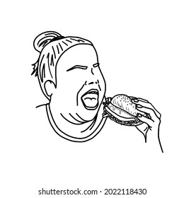 Fat woman eating burger  Outline sketch  Hungry girl and fast food  Vector illustration 